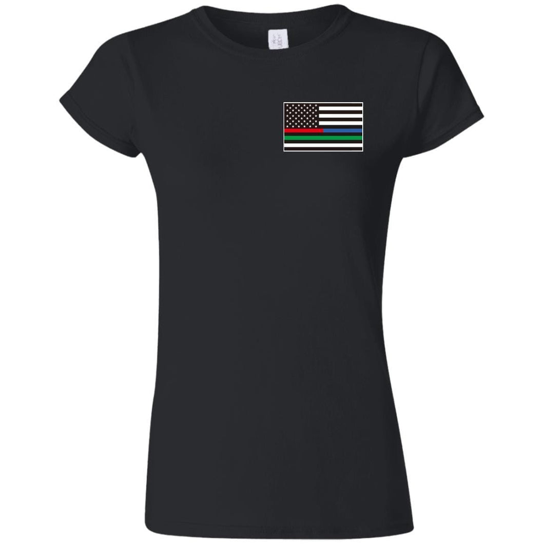 Unity Flag front, Jeeps Against Veteran Suicide back G640L Gildan Softstyle Ladies' T-Shirt
