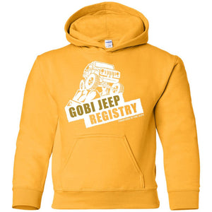 Gobi Jeep Registry white logo G185B Gildan Youth Pullover Hoodie