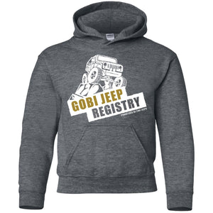 Gobi Jeep Registry white logo G185B Gildan Youth Pullover Hoodie